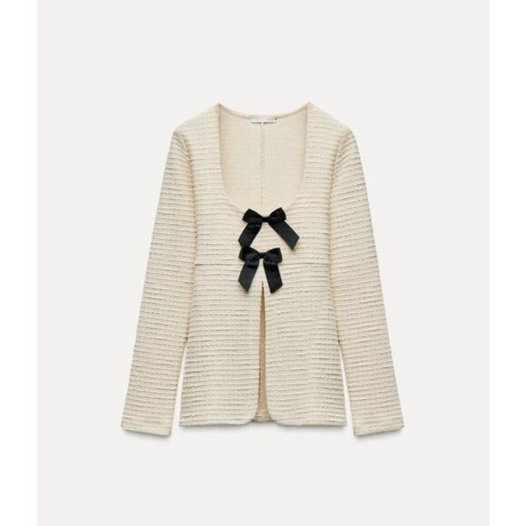 Zara Womens Sweater Bows M Medium Ivory Textured Long Sleeve 5039/153 NWOT - Picture 3 of 10